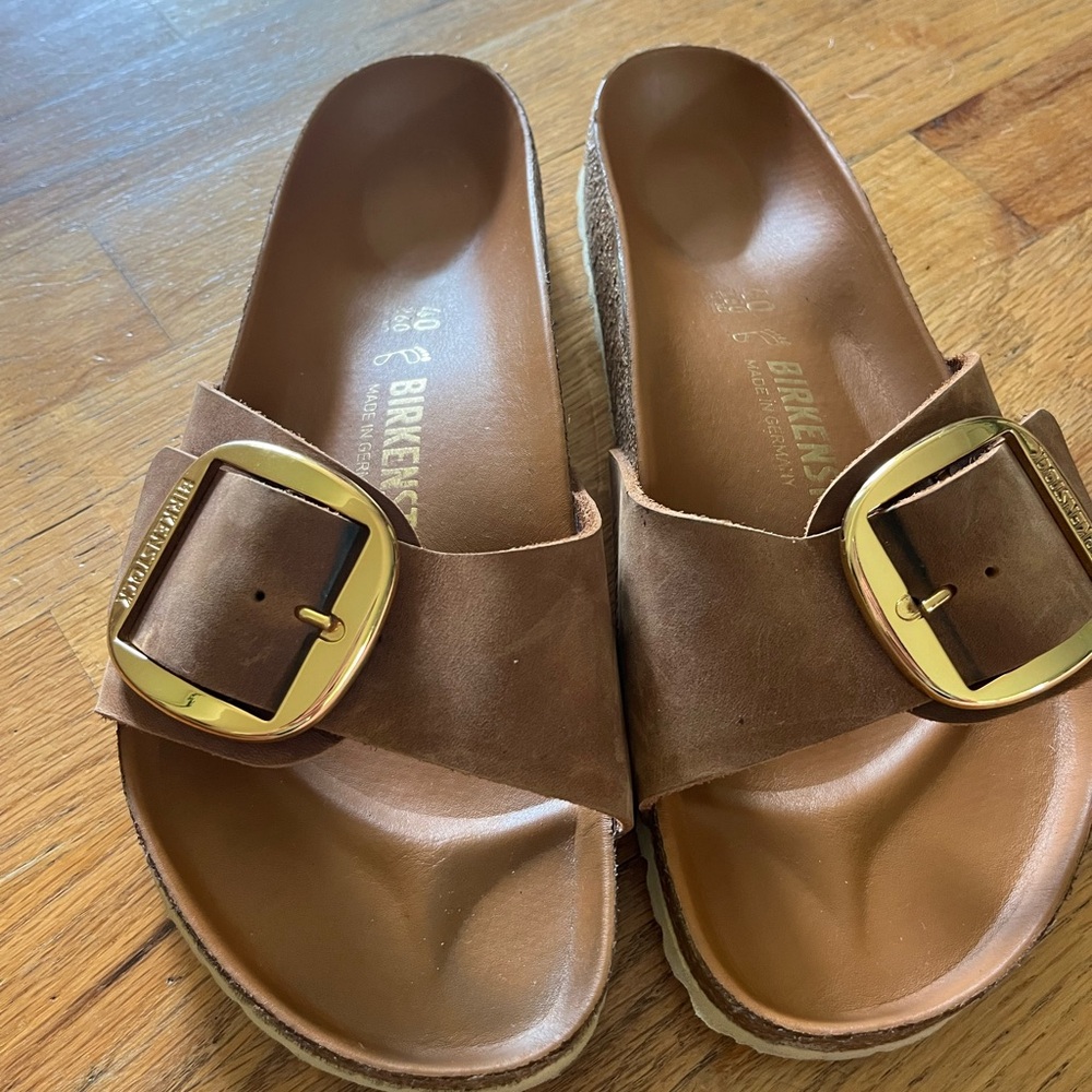 Birkenstock Tan Sandals with Gold Buckle